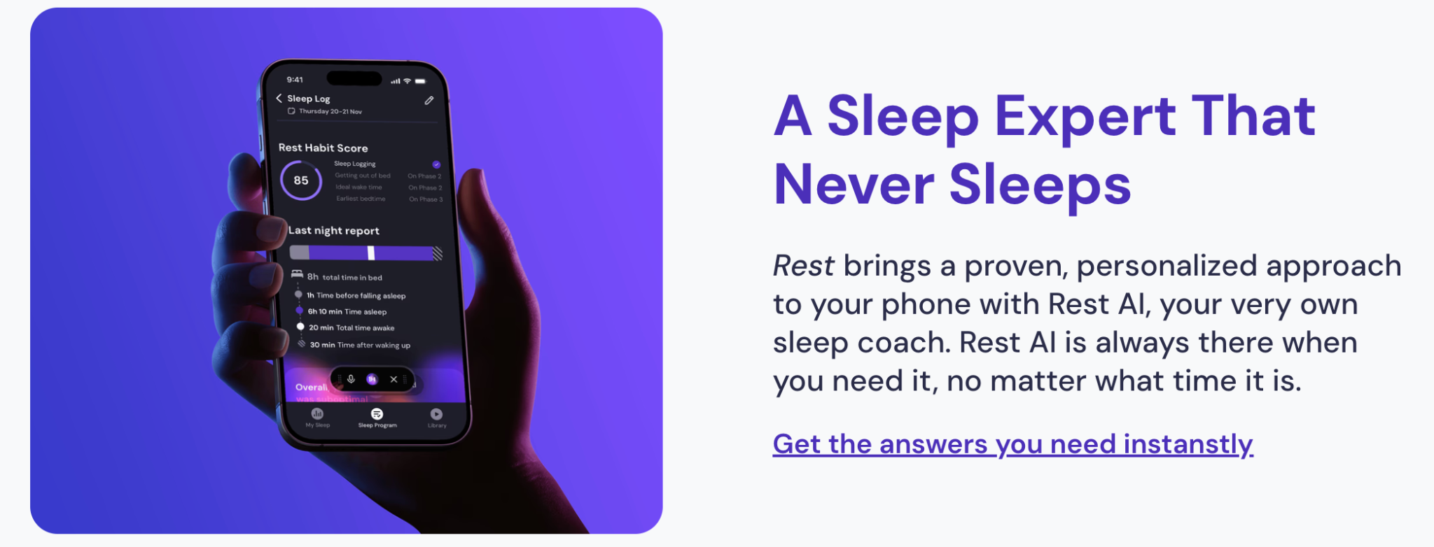 Rest sleep coach app showing a sleep log beside the message A Sleep Expert That Never Sleeps